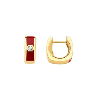 18K Gold Hoop Earrings Red Enameled with Diamond