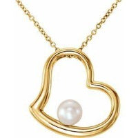 Gold Heart with Cultured Pearl Pendant Necklace