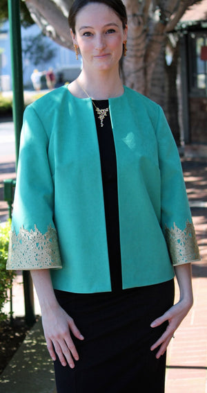 Janet Deleuse Designer Faux Suede Jacket with Laser Cut Lace