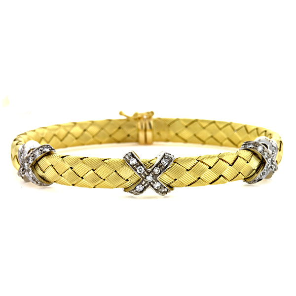 18K Woven Gold Bangle Bracelet With Diamonds, SOLD