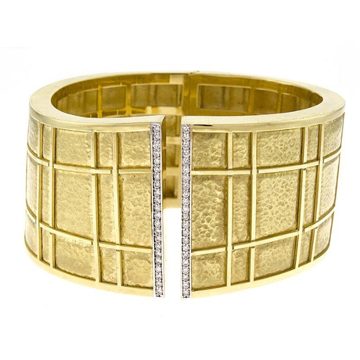 18K Gold Hammered Cuff Bracelet with Diamonds