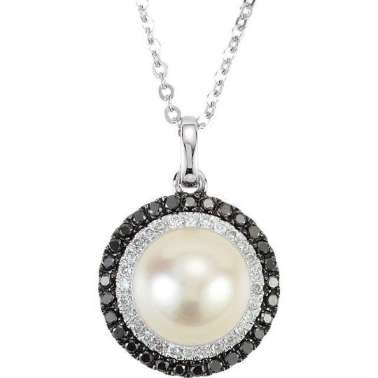 Black and White Diamond Halo Pearl Necklace, SALE, SOLD