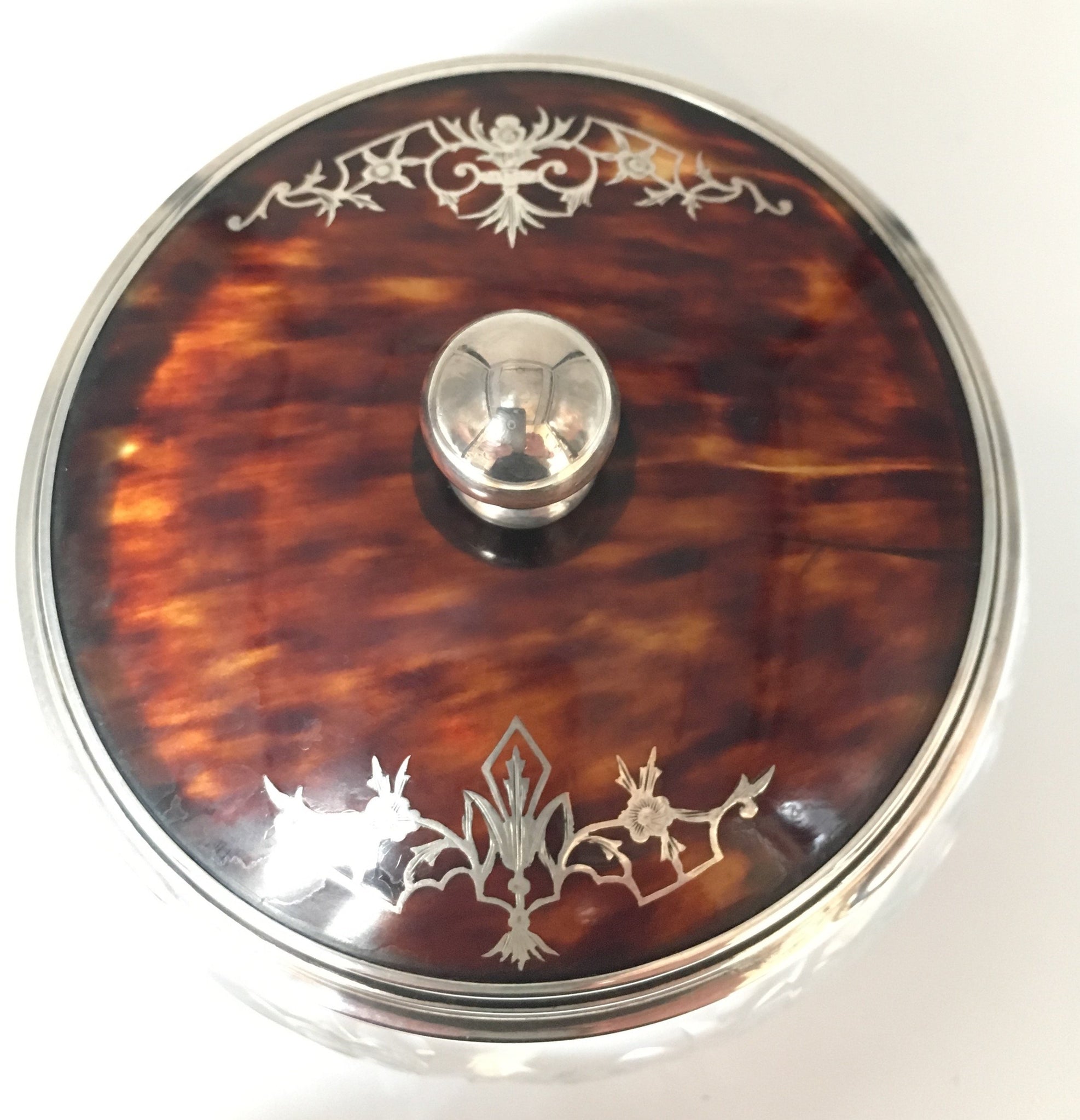 Vintage Glass Dish with Sterling Silver and Faux Tortoise Shell, SOLD