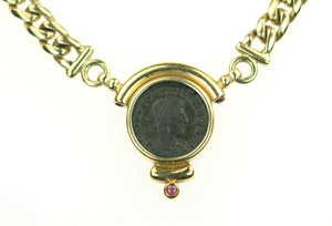 Vintage 18k Gold Chain Roman Coin and Ruby Necklace, SOLD