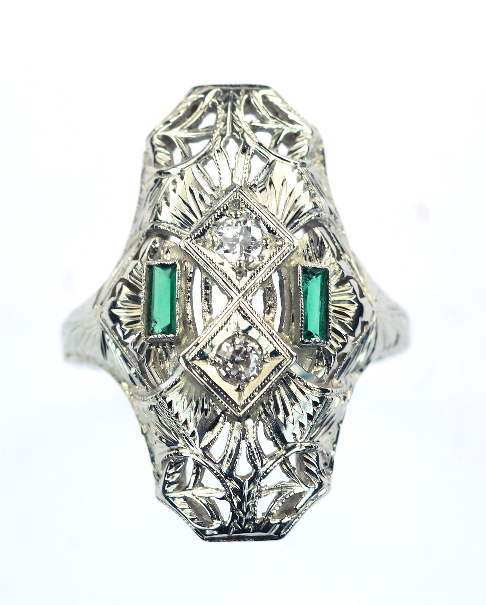 Vintage Emerald and Diamond Filigree Ring, SOLD