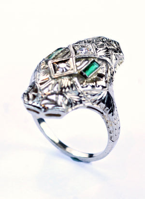 Vintage Emerald and Diamond Filigree Ring, SOLD