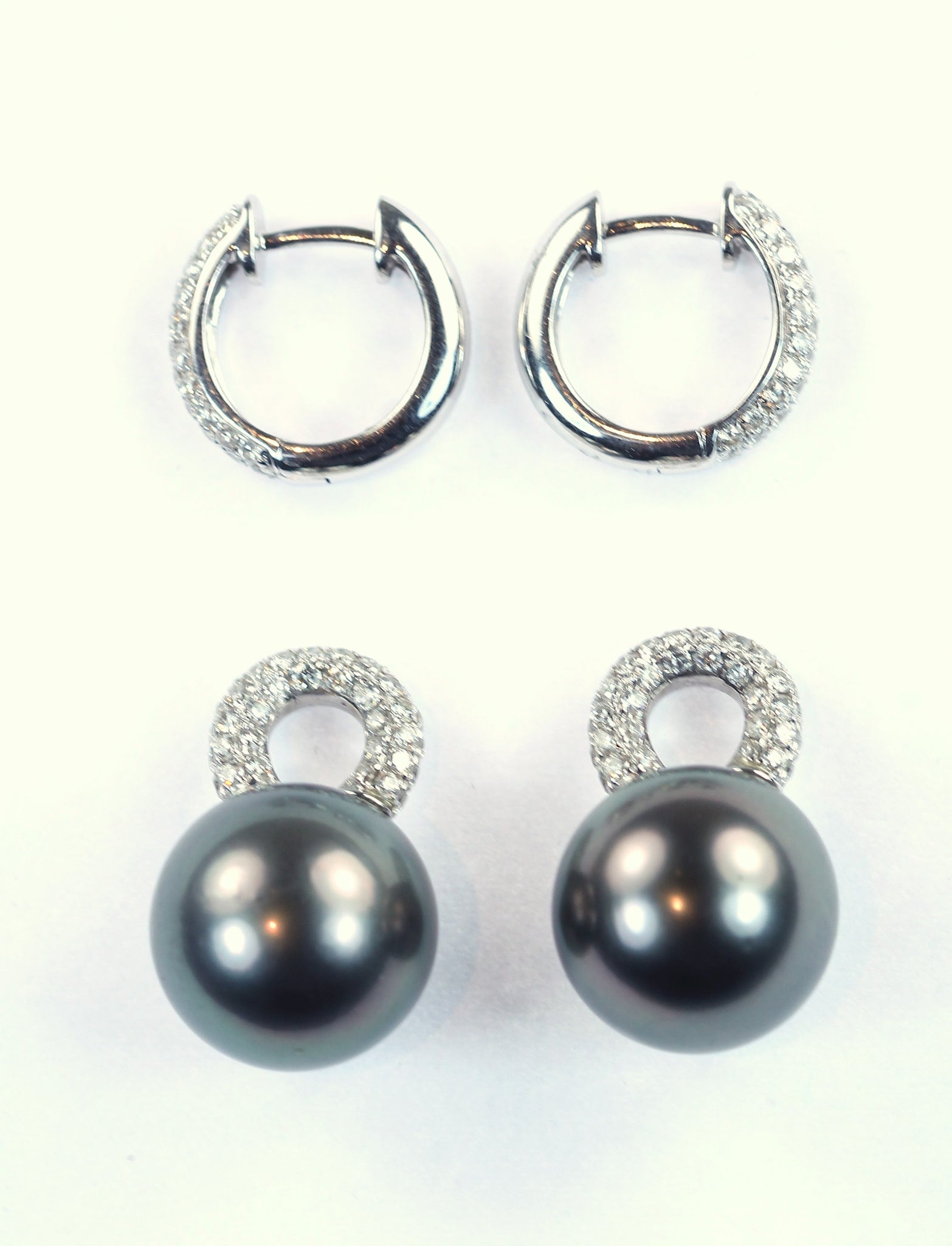 Vintage Diamond Hoops with Removable Tahitian Pearls, SOLD