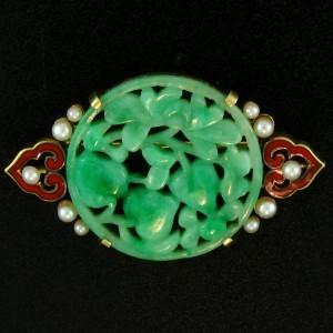 Vintage Carved Jade Pin with Red Enamel and Pearls, SOLD – Deleuse Fine ...