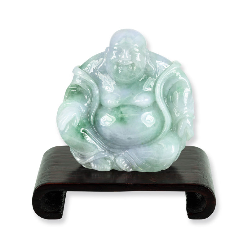 Natural Green and Lavender Jade Buddha Carving with Wood Stand, SOLD