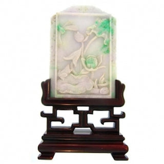 Four Piece Set of Natural Jade Four Seasons Carvings with Wood Stand, SOLD