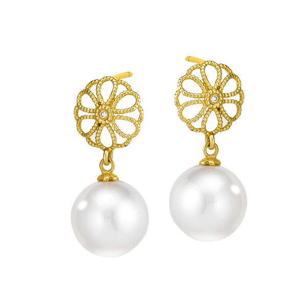 Pearl Drop Earrings with Flower Motif, SOLD