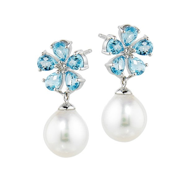 Cultured Pearl Earrings with Blue Topaz and Diamond Flowers